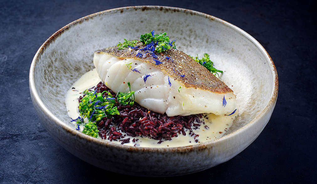 Fischfilet mit frischen Kräutern, Beilage und Soße auf einem Teller angerichtet