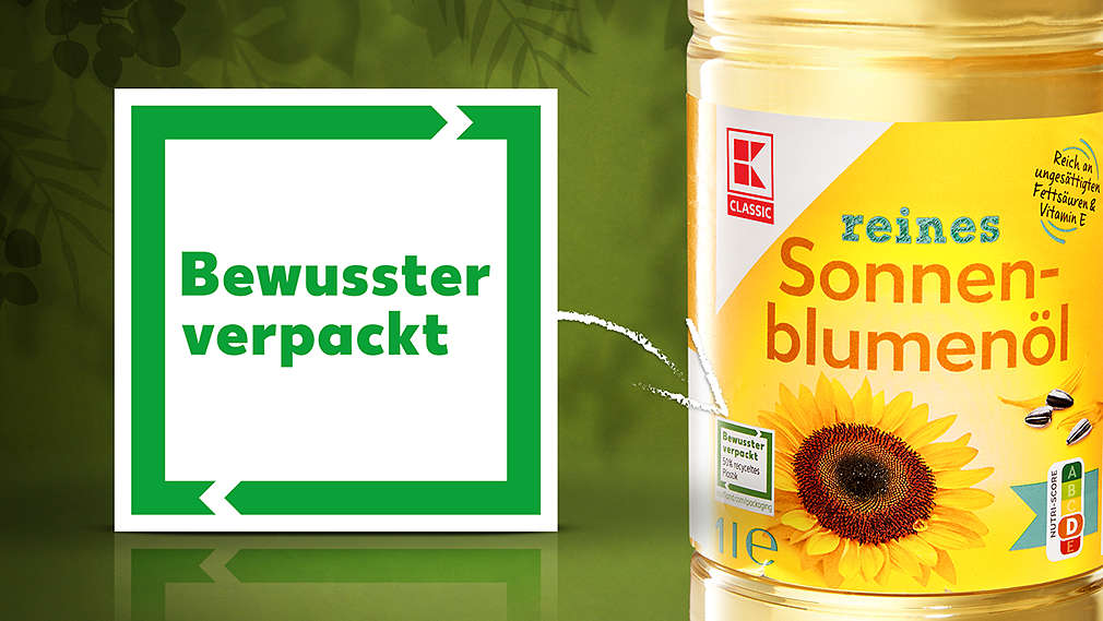 Logo „Bewusster verpackt“ von Kaufland auf einer PET-Flasche mit K-Classic Sonnenblumenöl