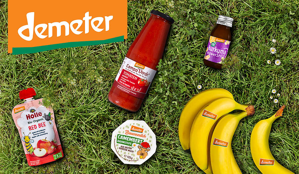 versch. Produkte von Demeter; Logo: Demeter
