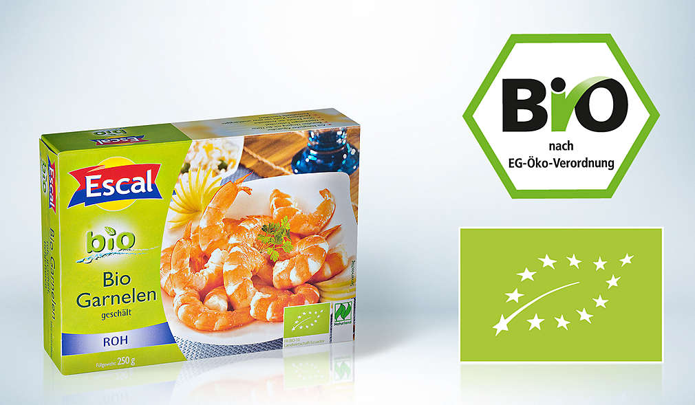 Produktabbildung: Garnelen aus umweltschonender Aquakultur; Logo: Deutsches Bio-Siegel, EU-Bio-Siegel