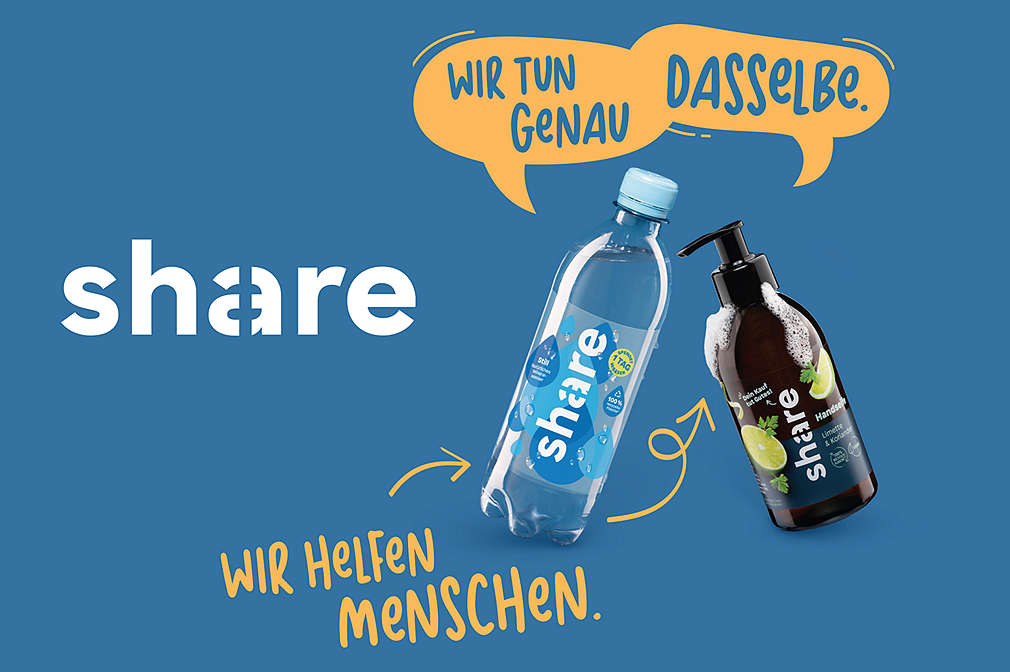 Mineralwasser und Seite von share; Sprechblase: Wir helfen Menschen. Wir tun genau dasselbe.; Logo: share