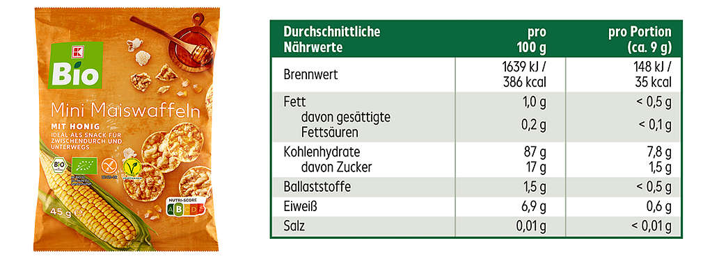 K-Bio Mini-Maiswaffel Honig und dazugehörige Nährwerttabelle