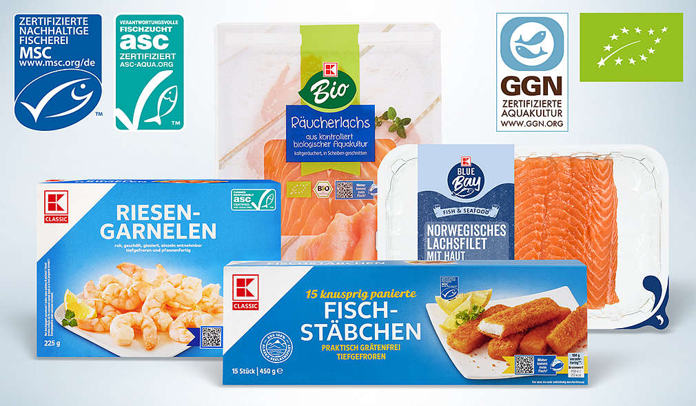 Produktabbildungen: Fischprodukte aus nachhaltigem Fischfang; Logos: ASC, MSC, GGN, EU-Bio
