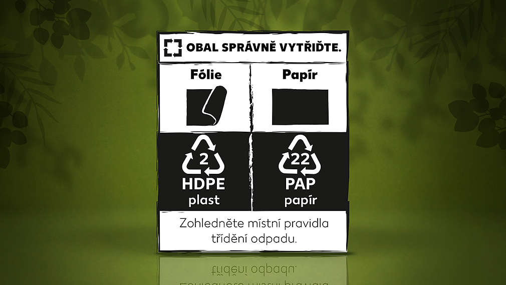 Štítek se znározněným postupem správného třídění, který je uveden na vybraných vícesložkových obalech.