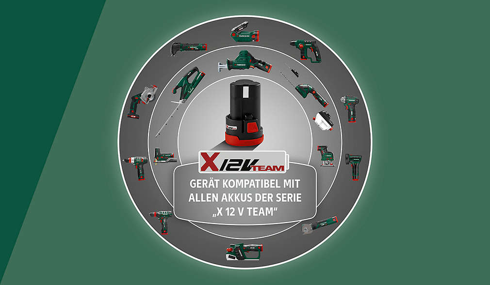 Logo: X 12 V Team; Schriftzug: Kompatibel mit allen Akkus der X 12 V Team; Abbildung verschiedener Produkte von PARKSIDE im Kreis