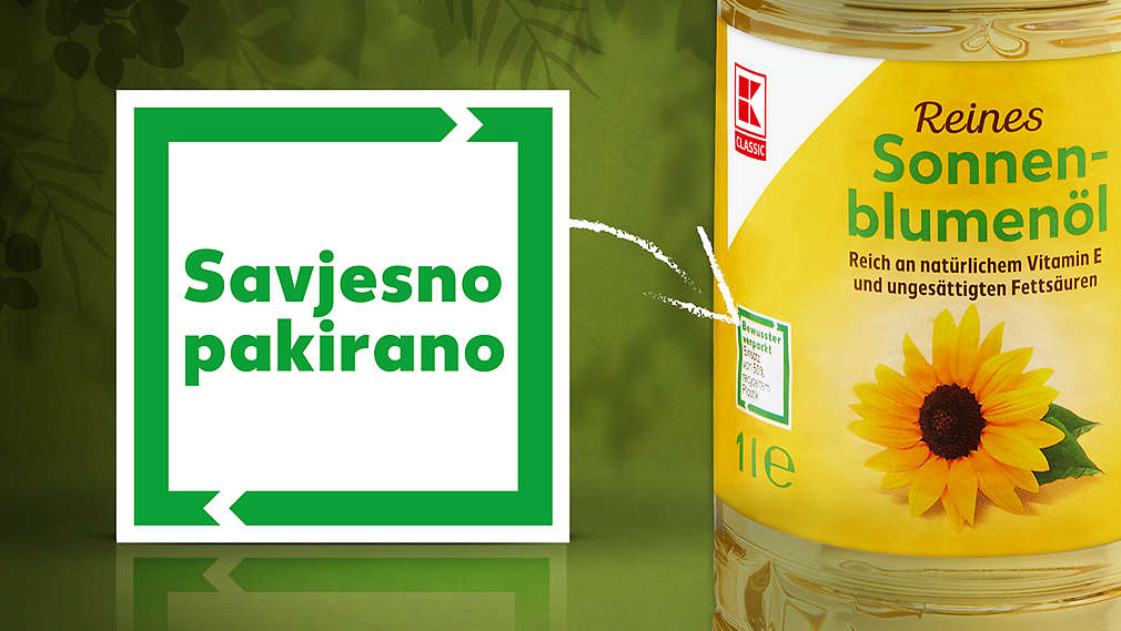 Das „Bewusster verpackt“-Logo von Kaufland auf einer PET-Flasche mit K-Classic Sonnenblumenöl