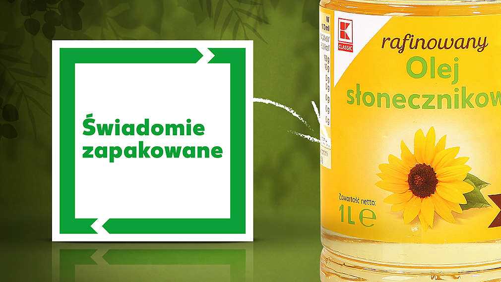 Logo Kaufland „Świadomie zapakowane“ na butelce PET z olejem słonecznikowym K-Classic