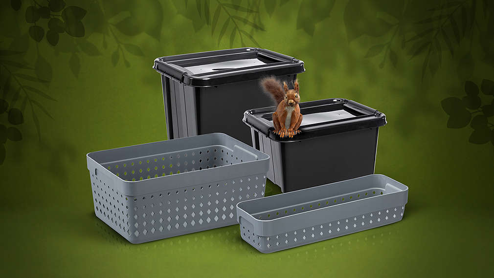 Praktické úložné boxy v rôznych veľkostiach, ktoré sú vyrobené z recyklovaného plastu