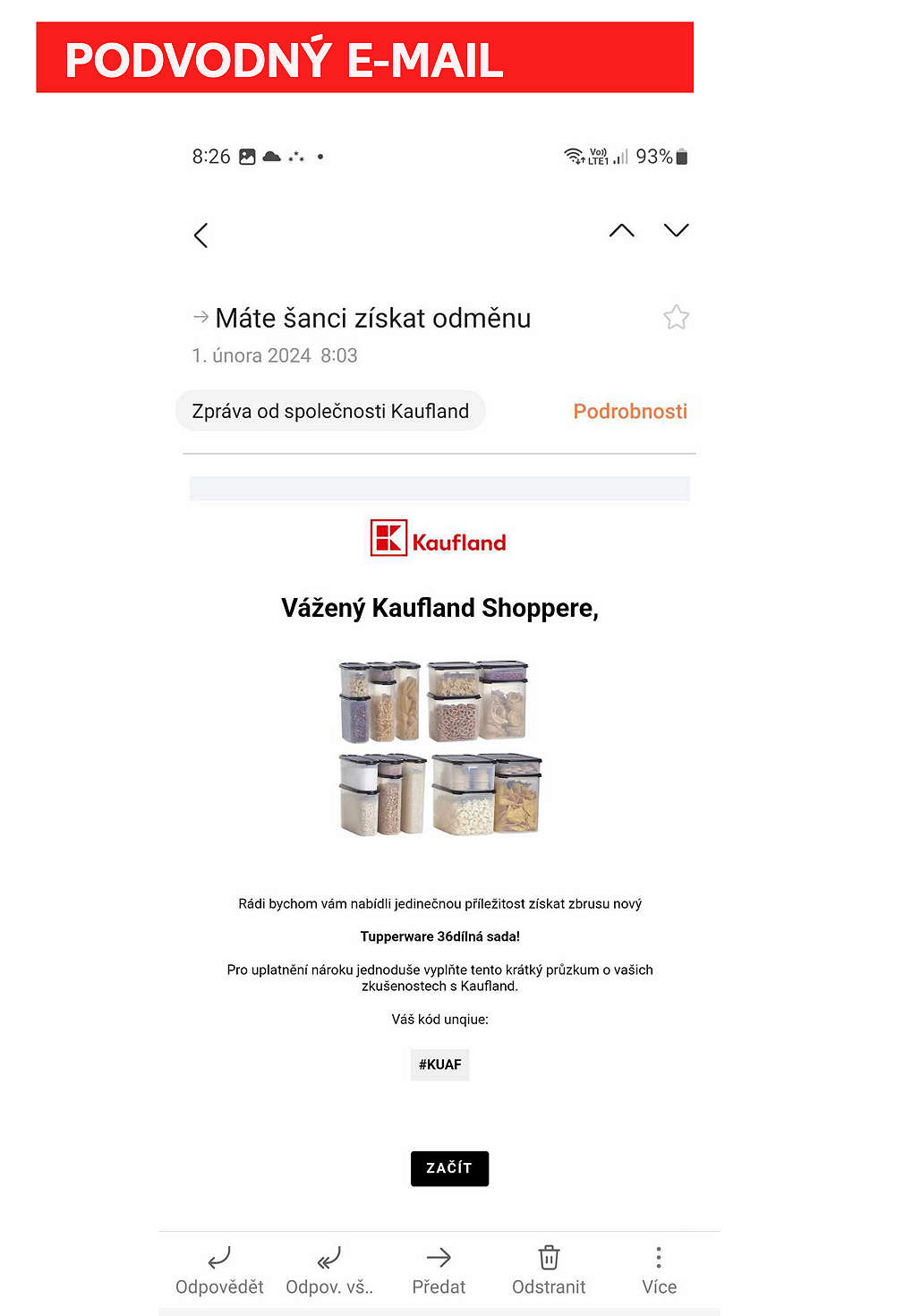Podvodný e-mail, který se tváří jako oficiální e-mail od společnosti Kaufland