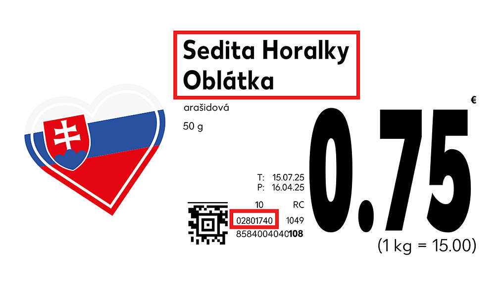 Príklad etikety s označením, kde sa nachádza produktové číslo.