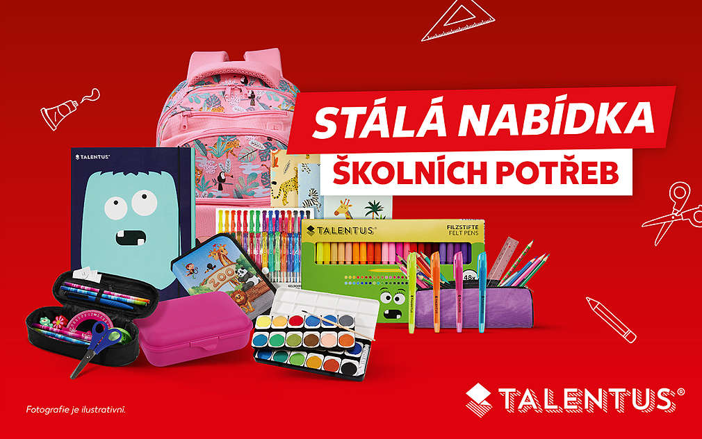 Tři děti s nadrozměrnými školními předměty, jako je obří pravítko.