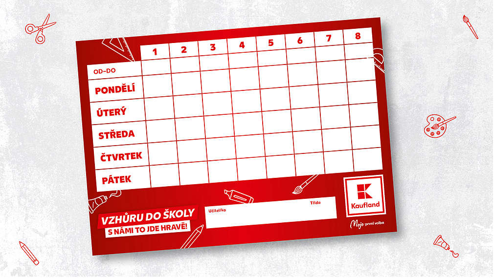 červený školní rozvrh s násobilkou Talentus od Kauflandu