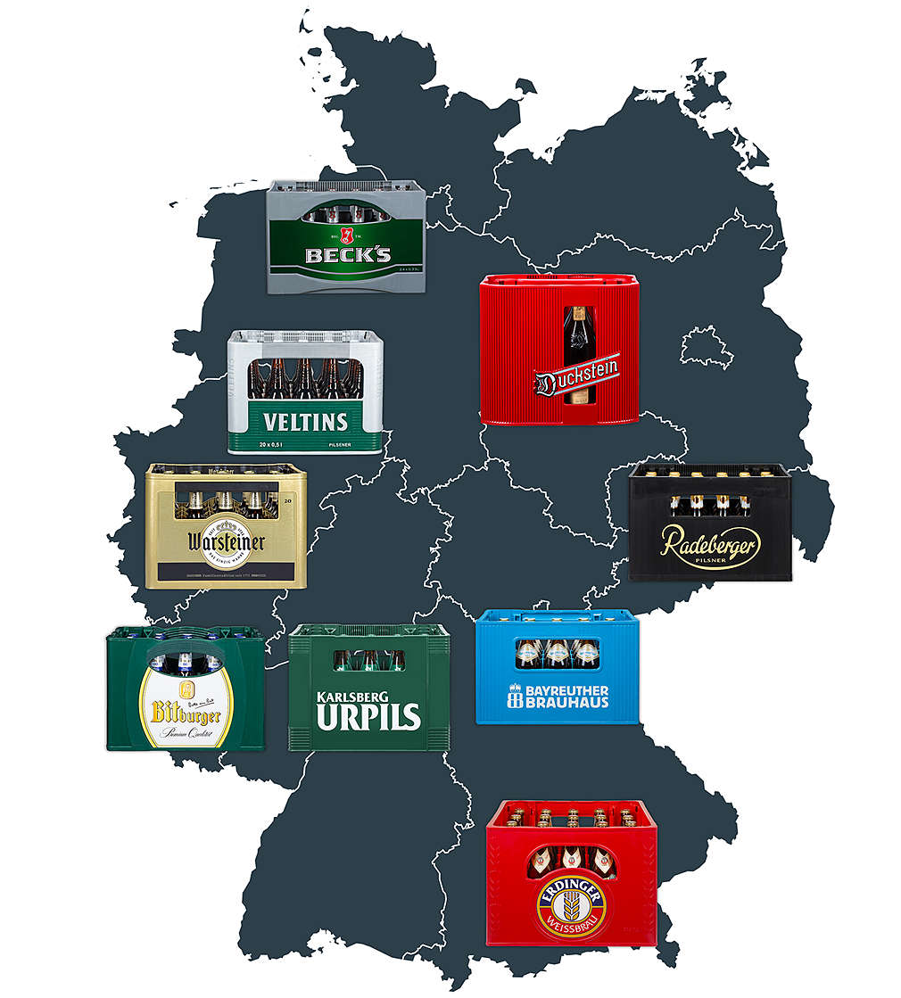 Landkarte mit unterschiedlichen Biersorten bekannter Markenhersteller