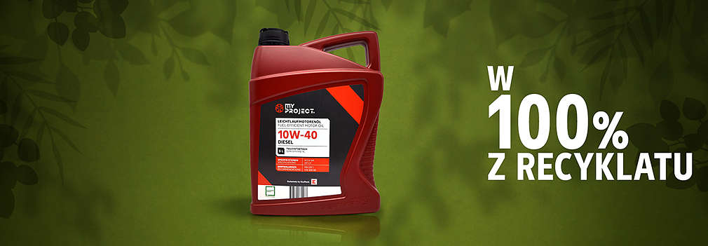 Trzy rodzaje oleju silnikowego MyProject, których opakowania składają się w 100% z recyklatów.