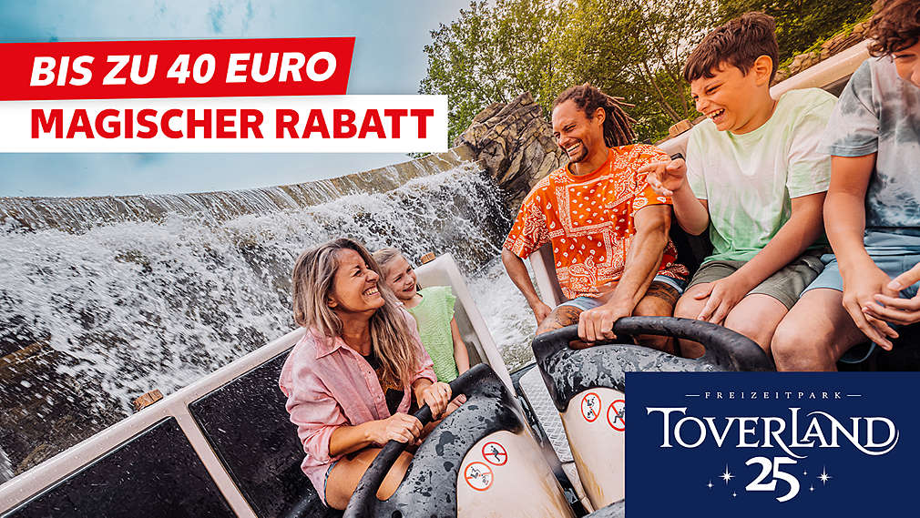 Logo: TOVERLAND; Personen in Achterbahn; Schriftzug: Bis zu 40 Eurp magischer Rabatt