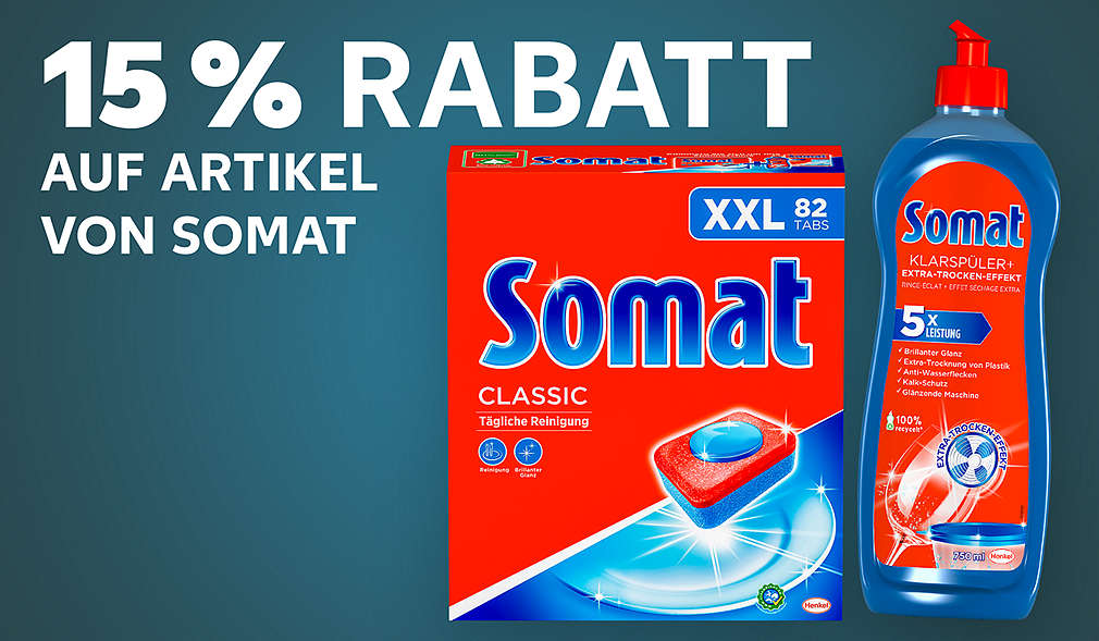 versch. Somat-Produkte; Schriftzug: 15 % Rabatt auf alle Artikel von Somat