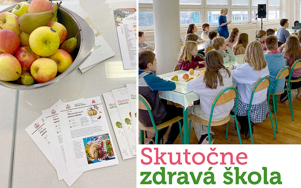 Logo Skutočne zdravá škola a fotky detí v triede so zdravým ovocím