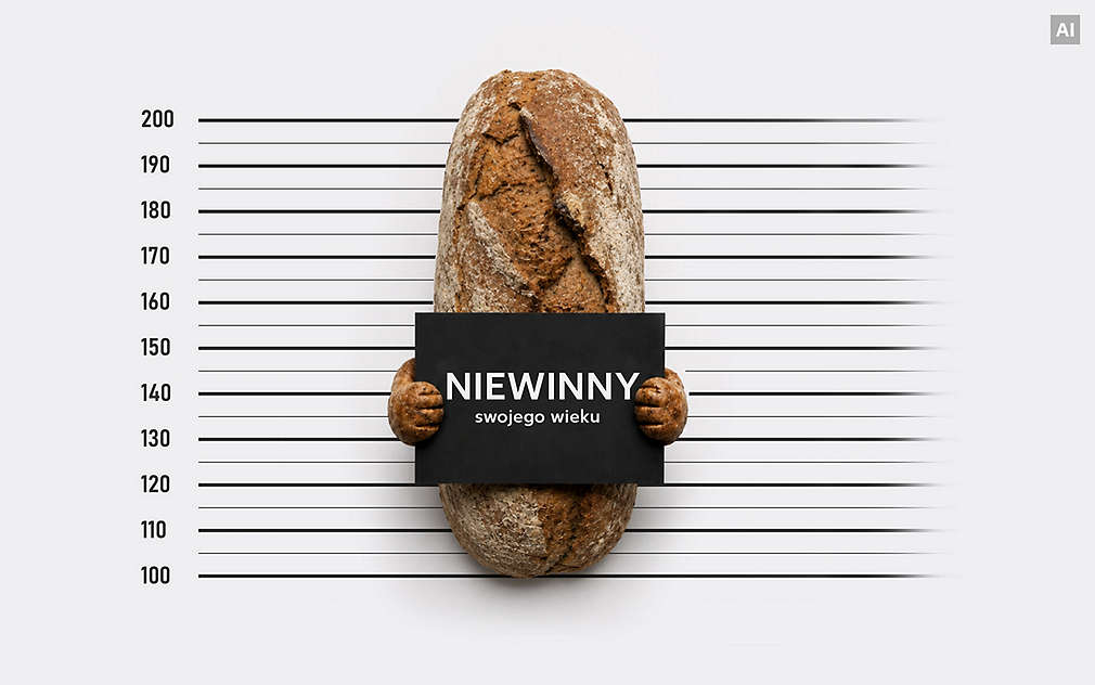 Chleb z tabliczką jak w więzieniu: Napis na tabliczce: NIEWINNY swojego wieku