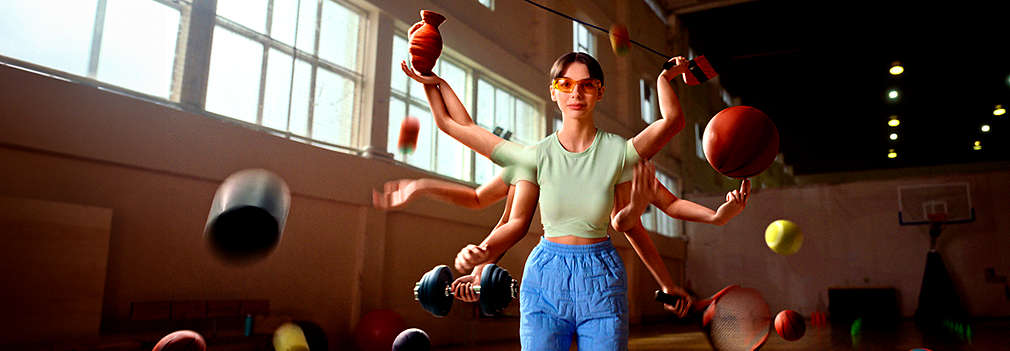 Изображение на жена, държаща множество топки