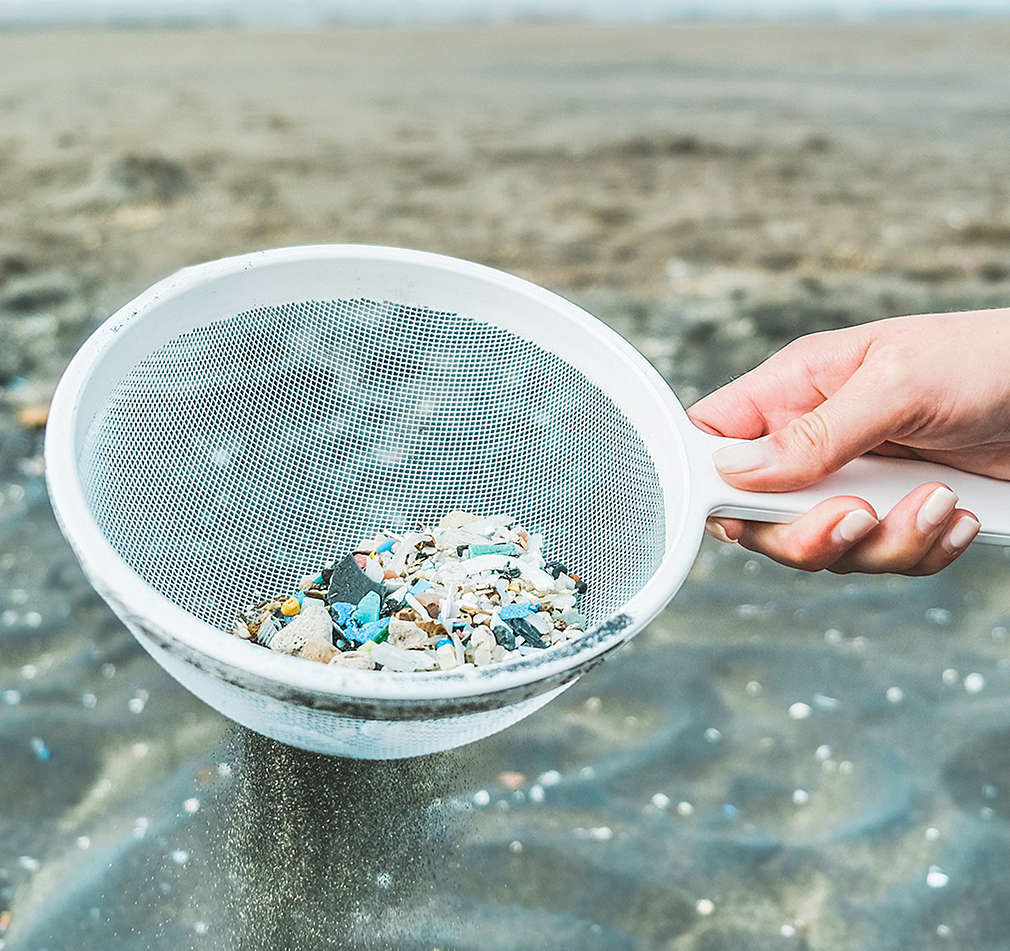 Hand hält Kescher mit Plastikteilchen