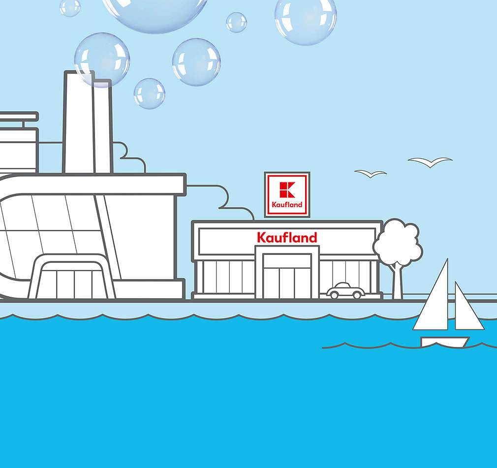 Kresba prodejny Kaufland a moře s lodičkou