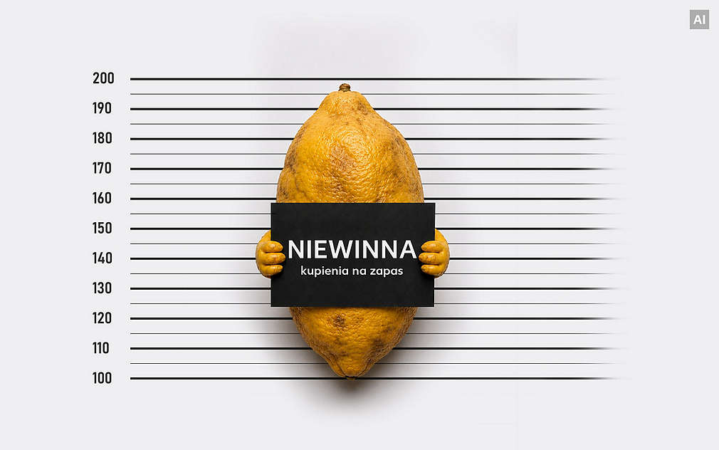 Cytryna z tabliczką jak w więzieniu: Napis na tabliczce: NIEWINNA kupienia na zapas