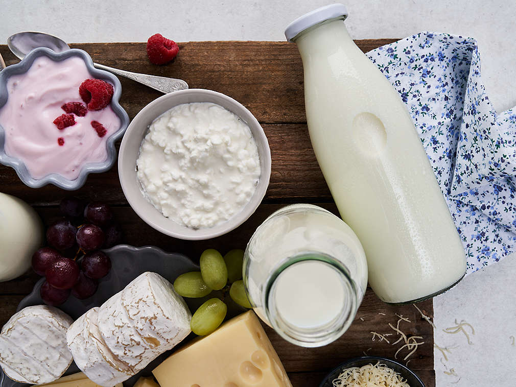 Detailný pohľad na čerstvé mliečne výrobky a vajcia