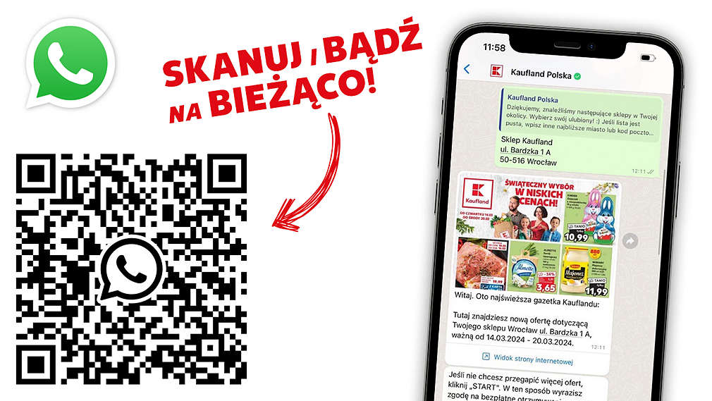 Gazetka Kauflandu na WhatsAppie; logo WhatsApp; kod QR