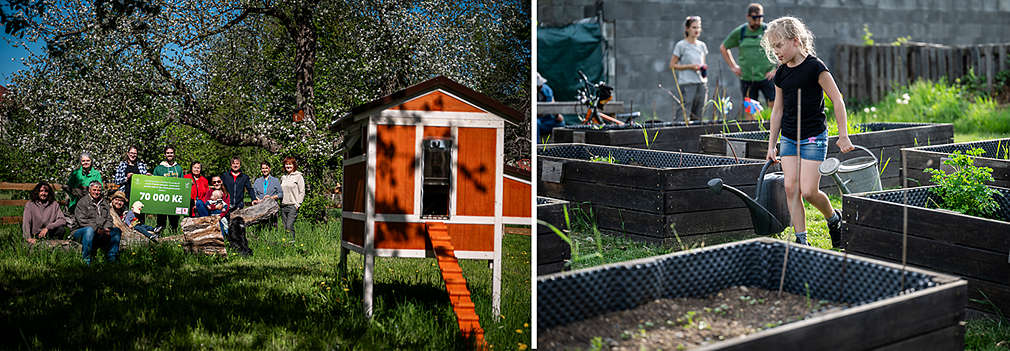 Skupina lidí v komunitní zahradě s šekem. Jde o komunitní zahradu v Moravičanech u Mohelnice, která byla podpořená částkou 70 000 Kč.