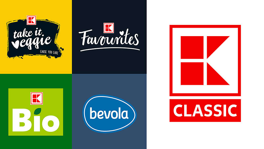 Изображение на лога на собствени марки на Kaufland - K-take it veggie, K-Favourites, K-Bio, bevola, K-Classic