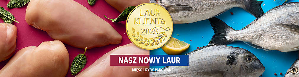 Laur Klienta 2026 na tle z rozłożonego świeżego miesa i ryb w Kauflandzie