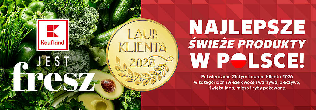 Logo Kaufland jest FRESZ na tle owoców leśnych