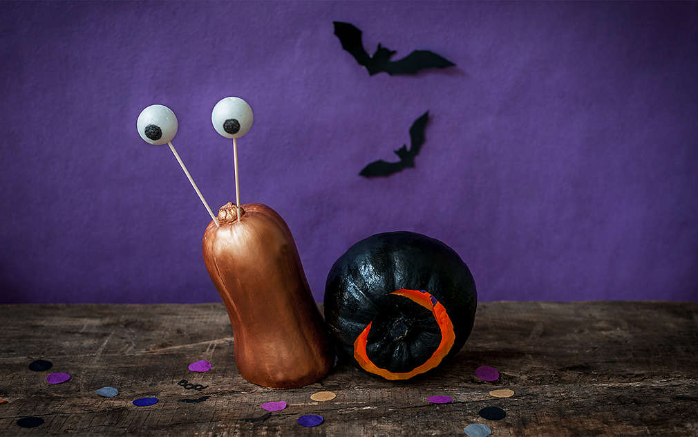 Na drewnianym stole stoi ślimak wykonany z dwóch dyń.