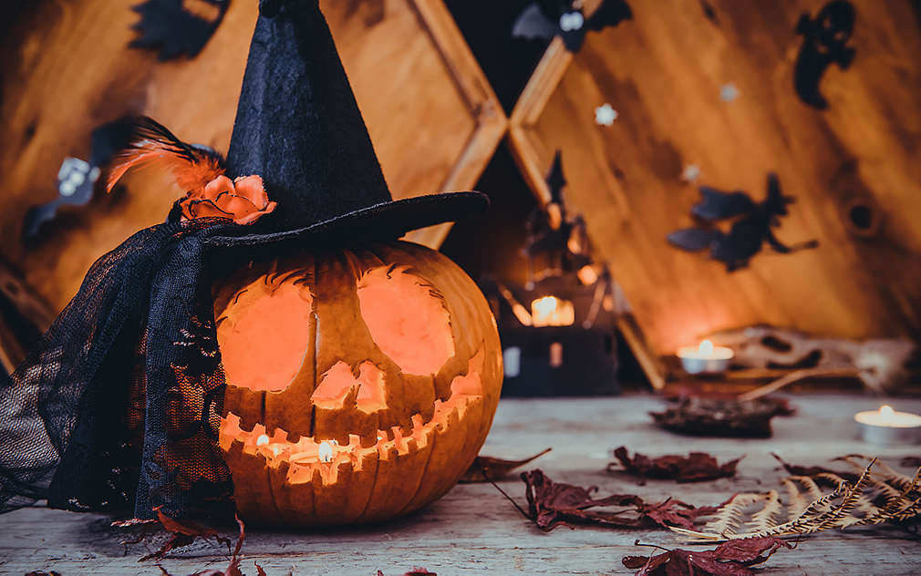 Drvena ograda u pozadini, siva podloga, na njoj klasična izdubljena bundeva za Noć vještica s vještičjim šeširom na koji je pričvršćen komad čipkaste tkanine. Na tlu i u pozadini ima lišća.