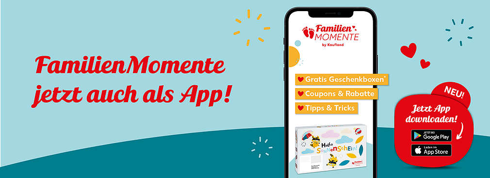 Abbildung eines Smartphones mit dem FamilienMomente-Logo; Schriftzug „FamilienMomente jetzt auch als App"