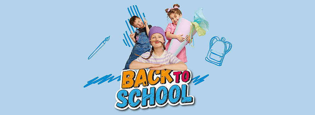 Schriftzug: Back to School; Abbildung: Kinder mit Schulsachen