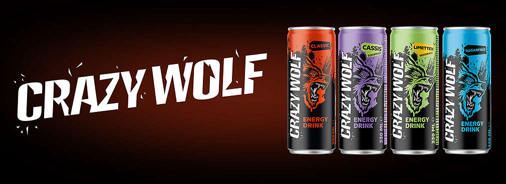 Produktabbildungen: CRAZY WOLF Energydrinks, versch. Sorten; Logo: CRAZY WOLF