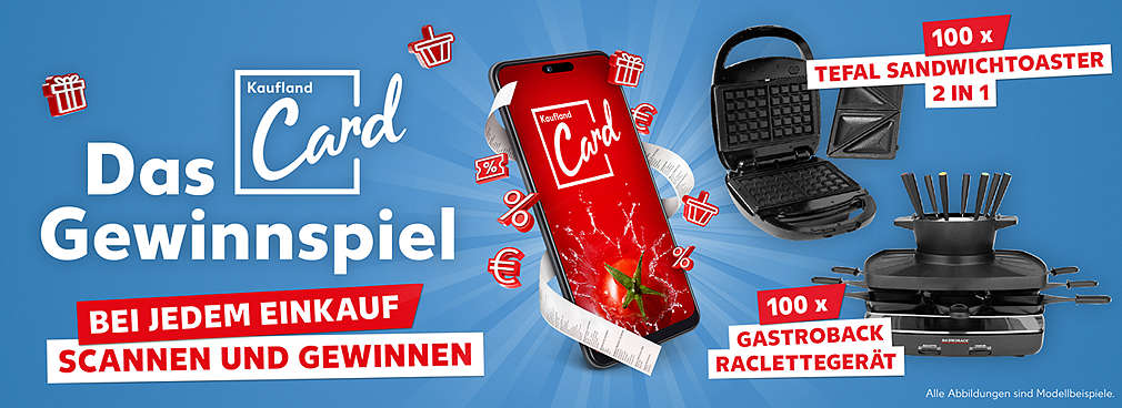 Das Kaufland Card Gewinnspiel – bei jedem Einkauf scannen; richtig gewinnen!; Beispielhafte Abbildung der Gewinne