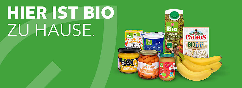 Schriftzug: Hier ist Bio zu Hause; Abbildung: verschiedene Bio-Produkte