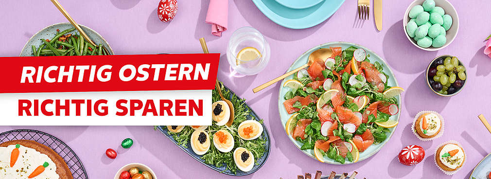 Abbildung: ein gedeckter Ostertisch; Schriftzug: Richtig Ostern. Richtig sparen.