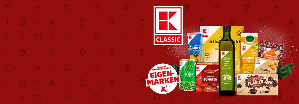 Verschiedene Lebensmittel im weihnachtlichen Stil der Eigenmarke K-CLASSIC