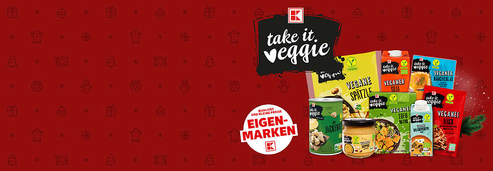 Verschiedene Lebensmittel im weihnachtlichen Stil der Eigenmarke K-TAKE IT VEGGIE
