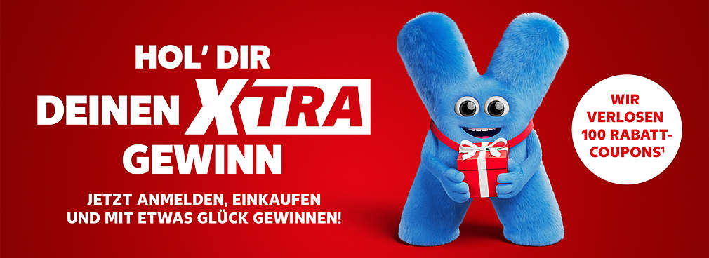  Schriftzug „Hol' dir deinen XTRA Gewinn"; Schriftzug „Jetzt anmelden, einkaufen und mit etwas Glück gewinnen"; Störer „Wir verlosen 100 Rabatt-Coupons“
