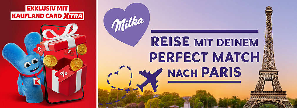 Schriftzug: Exklusiv mit Kaufland Card XTRA; Reise mit deinem perfect Match nach Paris; Abbildung: Eifelturm in Paris