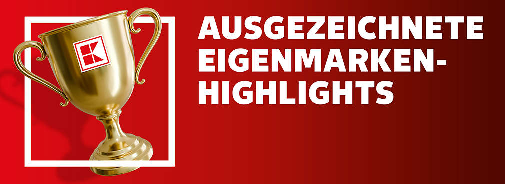 Schriftzug: Ausgezeichnete Eigenmarken-Highlights; Abbildung: Pokal