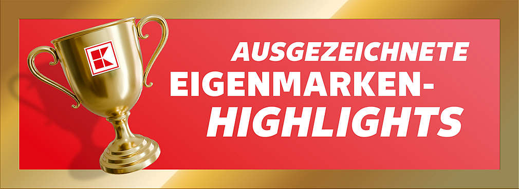 Schriftzug: Ausgezeichnete Eigenmarken-Highlights; Abbildung: Pokal