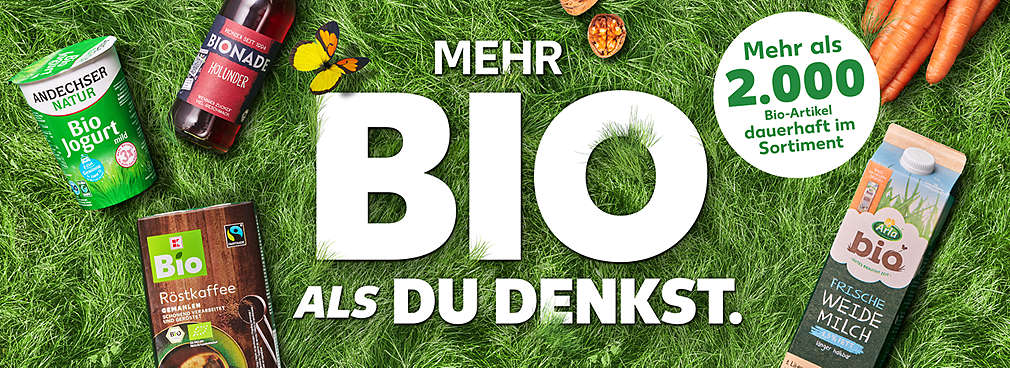 Schriftzug: Mehr Bio, als du denkst.; Störer: Mehr als 2.000 Bio-Produkte dauerhaft im Sortiment.; Abbildung: versch. Bio-Produkte