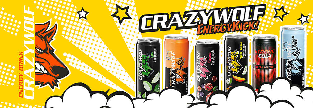 Produktabbildungen: Crazy Wolf Energy Drink, versch. Sorten; Logo: Crazy Wolf; Schriftzug: Energy Kick!; daneben: gelbe Wolken, Sterne und Strahlen