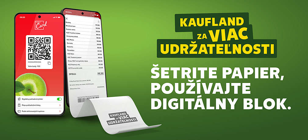 Smartfón s digitálnou kartou Kaufland Card a aktiváciou služby zrušenia tlače pokladničného bloku, vedľa smartfón, z ktorého vychádza pokladničný blok. 