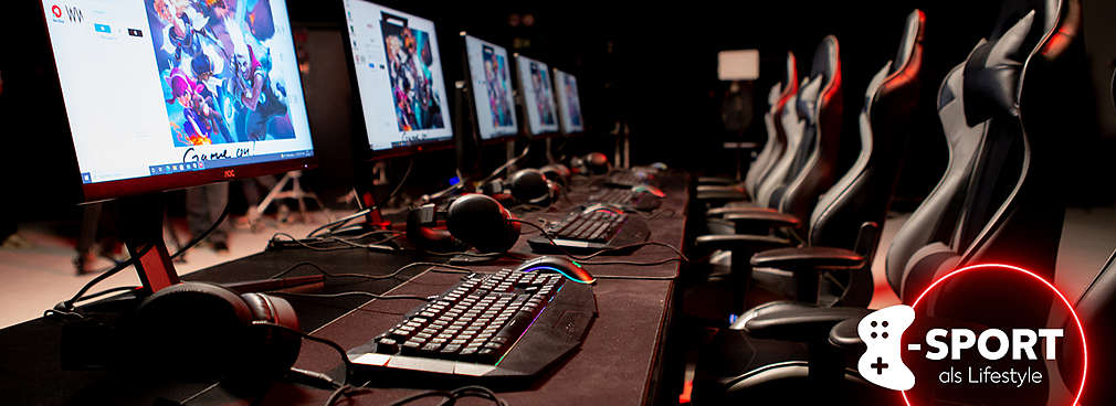 Fünf ausgestattete Gaming-Plätze mit Bildschirm, Gaming-Tastatur, -Maus und Headset